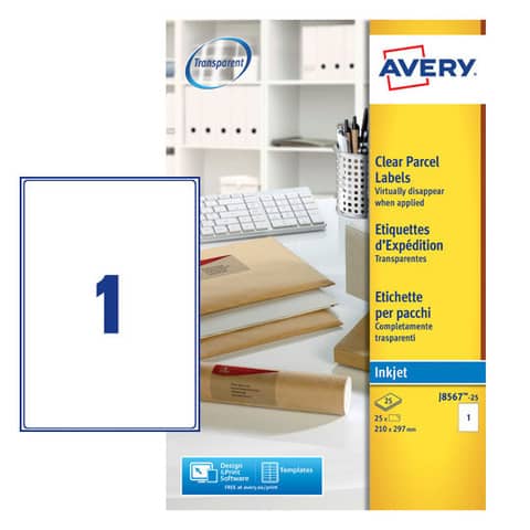 Etichette poliestere trasparenti opache AVERY QuickPEEL™ 210x297 mm - 1 et/foglio - inkjet conf. 25 ff J8567-25